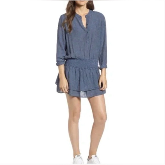 RAILS-Juliette Salem Stripe-Blue-Linen Blend-Tunic-Mini-Ruffle-Dress-Size S - Picture 2 of 14